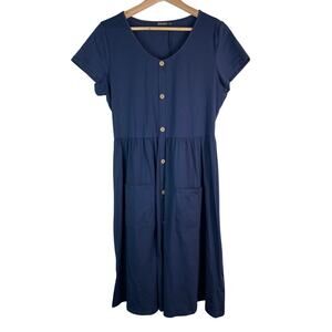 OUGES Women's XL Navy Blue Classic Button‎ Up Short Sleeve Midi Dress *